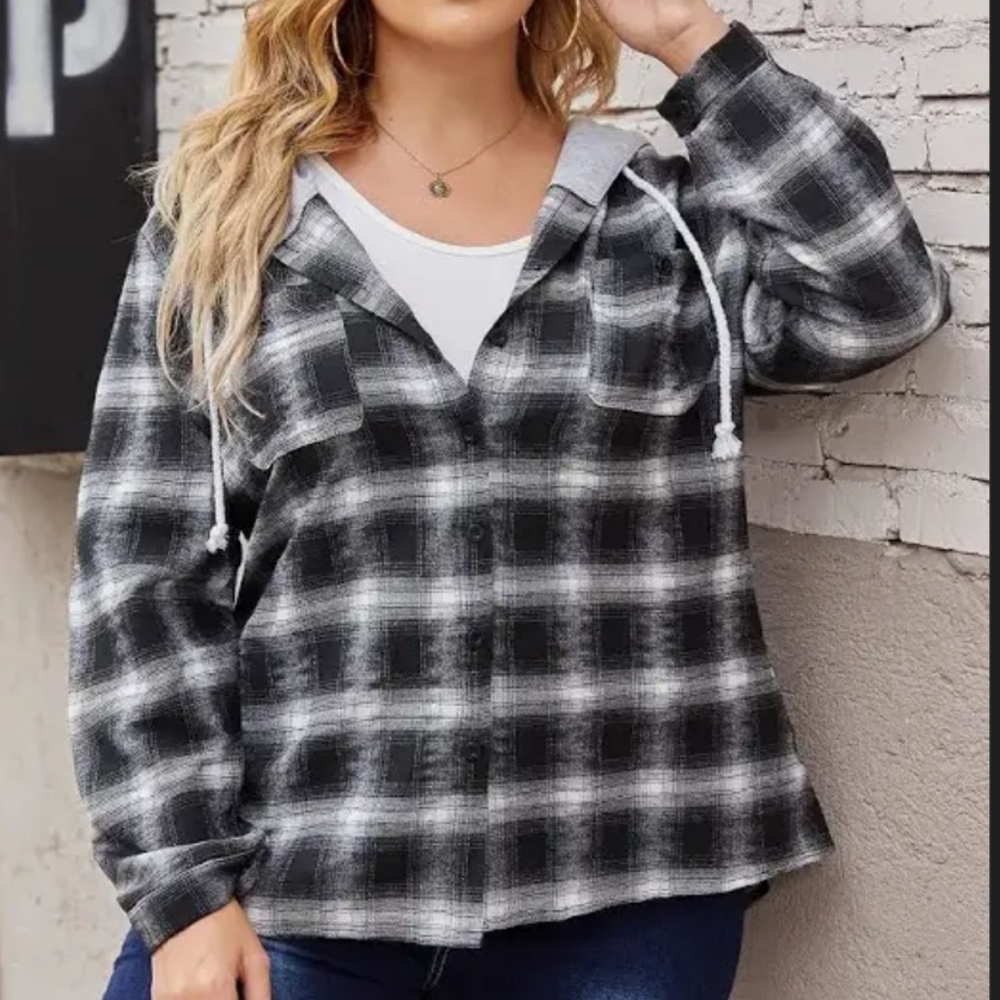 2X Blue, Black, & White Plaid Hoodie